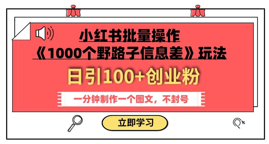 7869-20231028-小红书批量操作《1000个野路子信息差》玩法，一分钟制作一个图文，不封号，日引100+创业粉