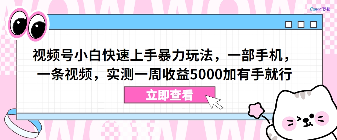 326-20240227-视频号小白快速上手暴力玩法，一部手机，一条视频，实测一周收益5000加有手就行【揭秘】