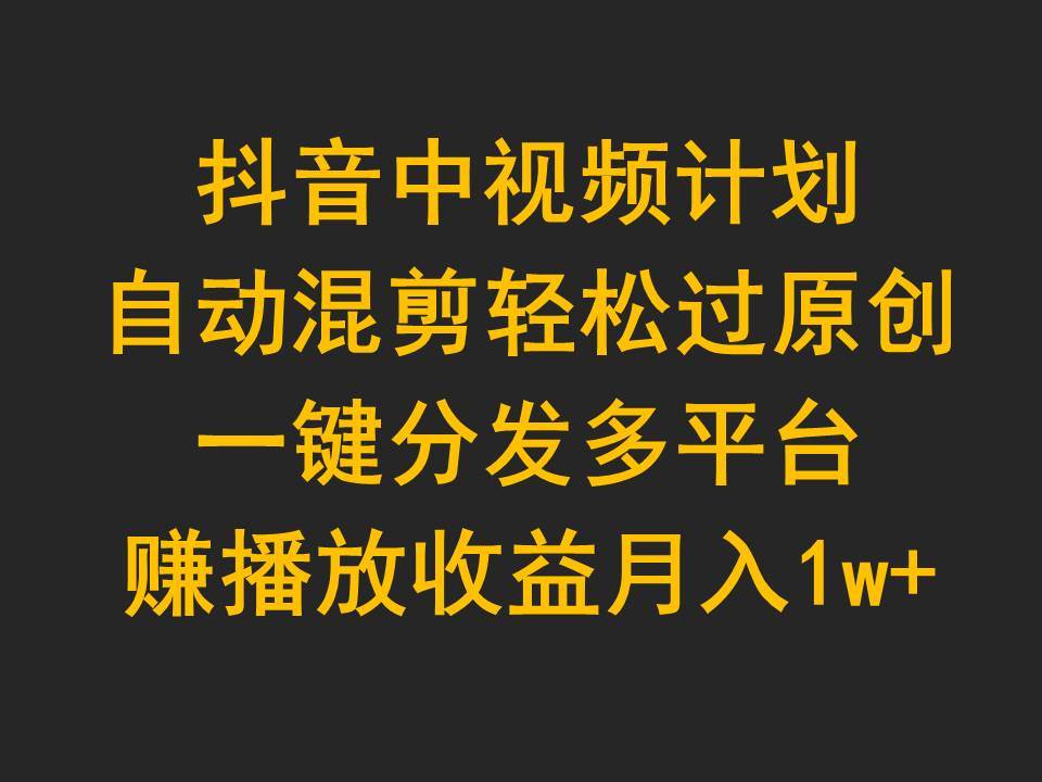 抖音中视频计划，自动混剪轻松过原创，一键分发多平台赚播放收益，月入1w+⭐抖音中视频计划，一个月1w