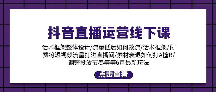 （11211期）抖音直播运营线下课⭐抖音直播运营线下课：话术框架/付费流量直播间/素材A撞B/等6月新玩法