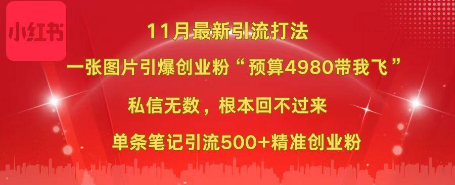 小红书11月最新图片打发，一张图片引爆创业粉，“预算4980带我飞”，私信无数，根本回不过来，单条引流500+精准创业粉⭐小红书11月最新图片打法，一张图片引爆创业粉“预算4980带我飞”，私信无数，根本回不过来，单条笔记引流500 精准创业粉