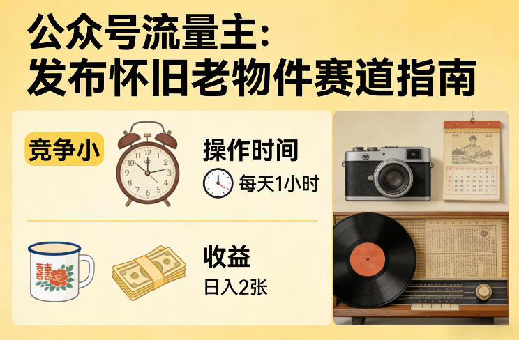 102-20260309-公众号流量主之发布怀旧老物件赛道，竞争小，每天操作1小时，日入2张