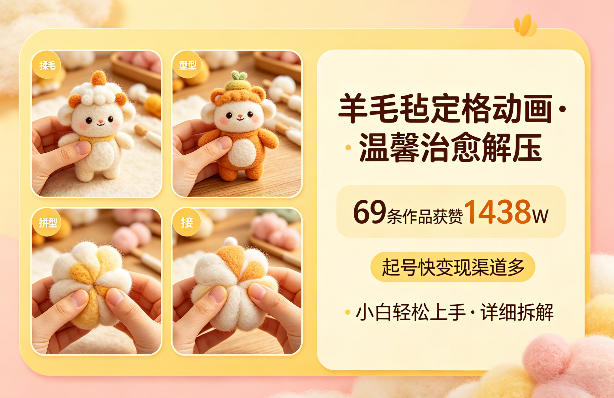 羊毛毡定格动画，温馨治愈解压，69条作品获赞1438W，起号快变现渠道多，小白轻松上手，附详细拆解教程⭐羊毛毡定格动画，温馨治愈解压，69条作品获赞1438W，起号快变现渠道多，小白轻松上手，详细拆解
