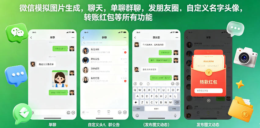 196-20260515-微信模拟图片生成，聊天，单聊群聊，发朋友圈，自定义名字头像，转账红包等所有功能都可以生成