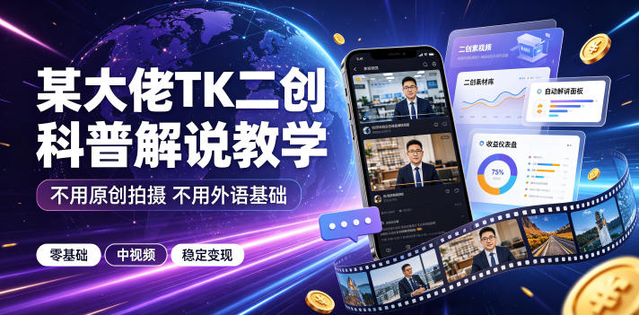 104-20260707-某大佬TK二创科普解说教学，不用原创拍摄不用外语基础，零基础做TikTok中视频稳定变现