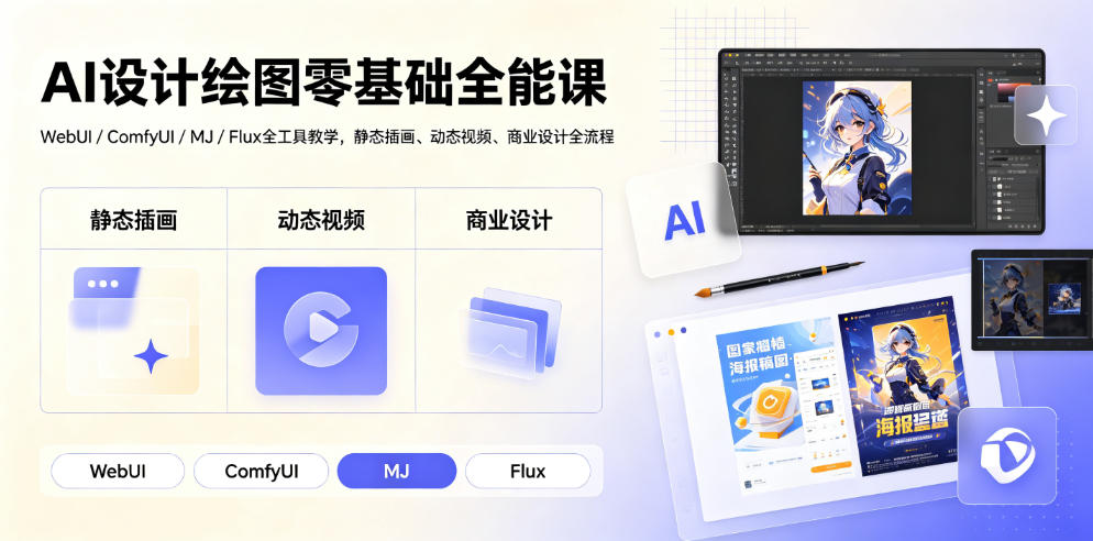 108-20260708-AI设计绘图零基础全能课｜WebUI-ComfyUI-MJ-Flux全工具教学，静态插画、动态视频、商业设计全流程⭐AI设计绘图零基础全能课｜WebUI/ComfyUI/MJ/Flux全工具教学，静态插画、动态视频、商业设计全流程