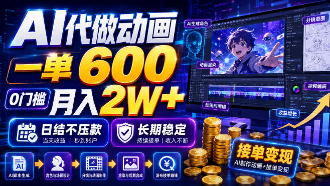 靠AI做动画，一个月接了12单，净利润5万+⭐AI代做动画，一单600，0门槛月入2W+，日结不压款，长期稳定【揭秘】
