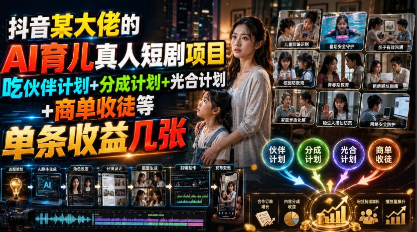 281-20260718-抖音某大佬的AI育儿真人短剧项目，吃伙伴计划+分成计划+光合计划+商单收徒等，单条收益几张