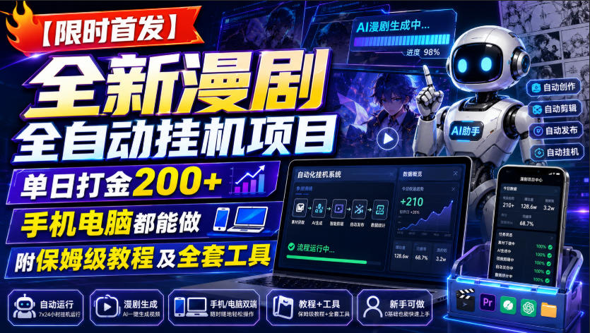 爆火漫剧全自动挂机项目，单日打金200+，附保姆级教程及全套工具⭐【限时首发】全新漫剧全自动挂G项目，单日打金200+，手机电脑都能做，附保姆级教程及全套工具【揭秘】