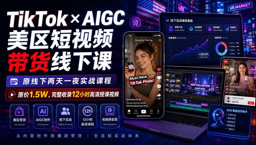 117-20260809-TikTok×AIGC美区短视频带货线下课，原线下两天一夜实战课程，原价1.5W，完整收录12小时高清授课视频
