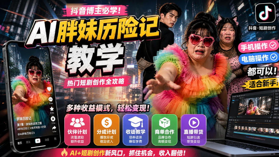 320-20260915-抖音博主的AI胖妹历险记教学，伙伴计划+分成计划+收徒+商单等多种收益，适合新手，手机电脑都可以操作