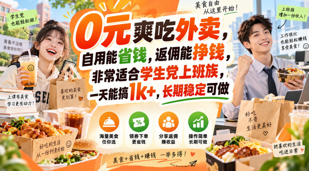 0元爽吃外卖，自用能省钱，返佣能挣钱，非常适合学生党，上班族，一天能搞1000+(1)⭐0元爽吃外卖，自用能省钱，返佣能挣钱，非常适合学生党上班族，一天能搞1k+，长期稳定可做