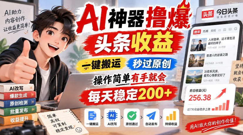 AI神器撸爆头条，一键搬运，秒过原创，有手就能做，每天稳定200+⭐AI神器撸爆头条收益，一键搬运，秒过原创，操作简单有手就会，每天稳定200+【揭秘】