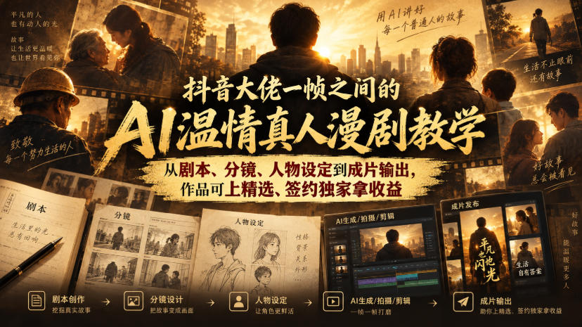 359-20260918-抖音大佬一帧之间的AI温情真人漫剧教学，从剧本、分镜、人物设定到成片输出，作品可上精选、签约独家拿收益⭐抖音大佬一帧之间的AI温情真人漫剧教学，，从剧本、分镜、人物设定到成片输出，作品可上精选、签约独家拿收益